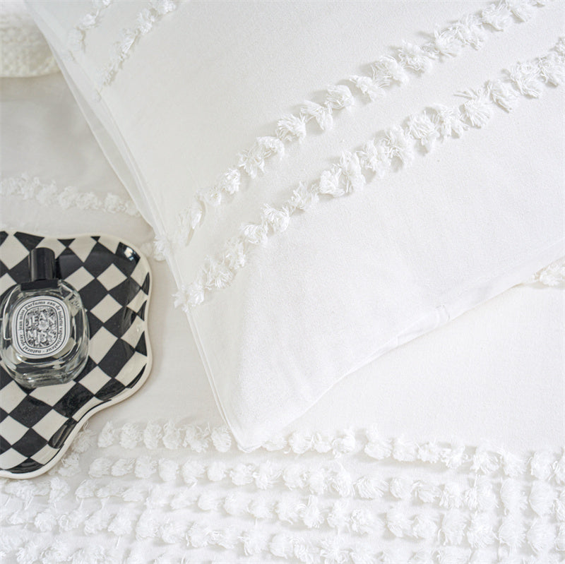 100% Cotton Tufted Stripe Pattern White Quilt Doona Duvet Cover Set