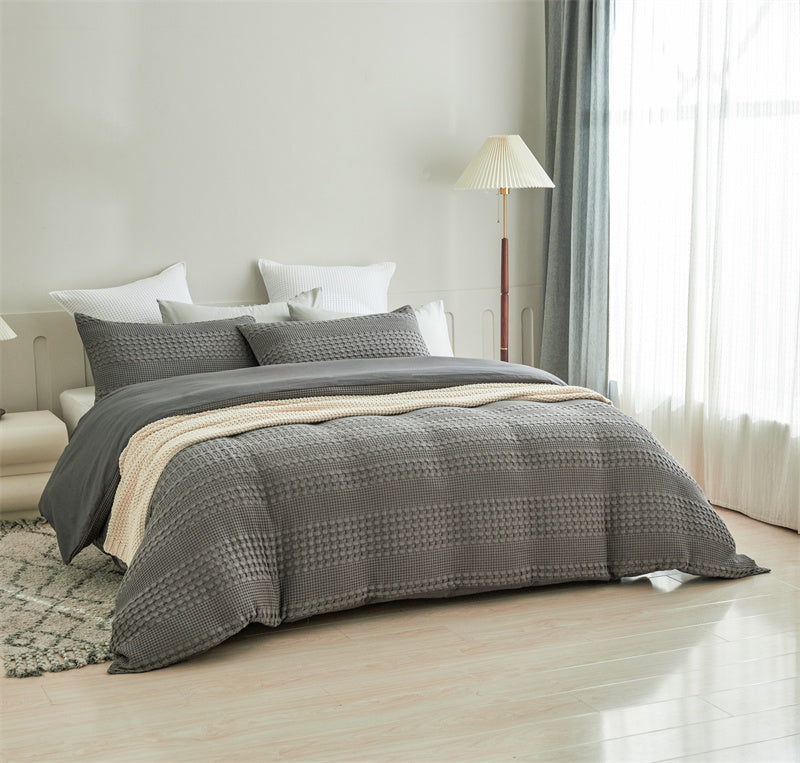 100% Cotton Striped Large Waffle Pattern Grey Quilt Doona Duvet Cover Set