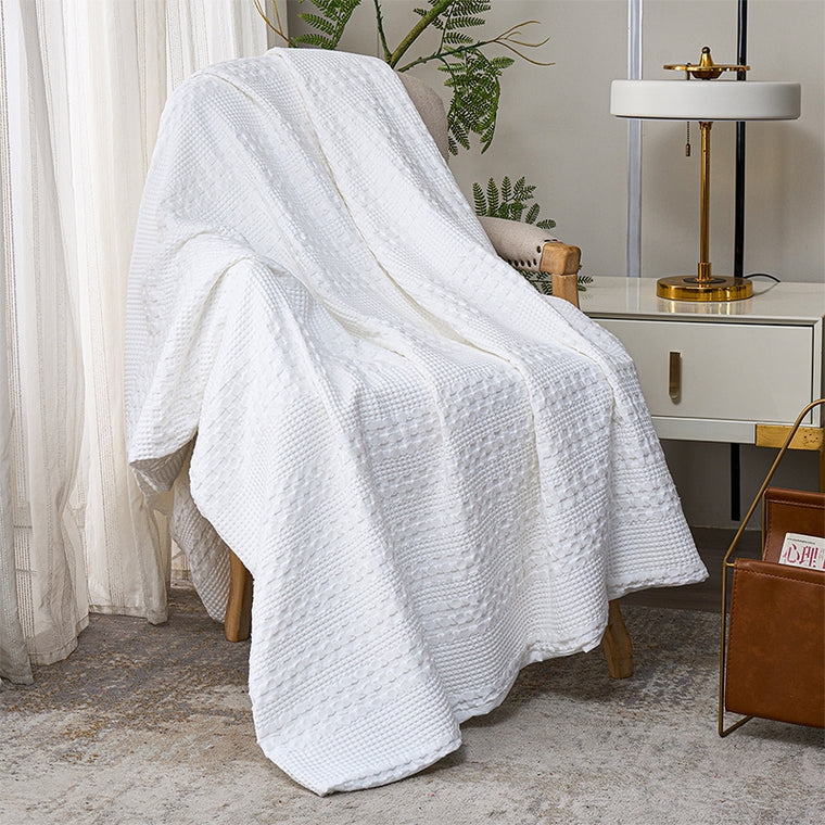 100% Cotton Striped Large Waffle Pattern Blanket Throw Rug White