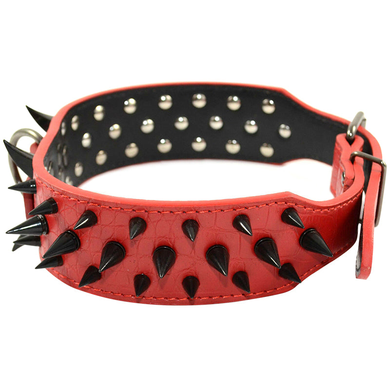 Pet Dog Leather Collar Black Spikes & Red Leather Adjustable Dog Collar M L